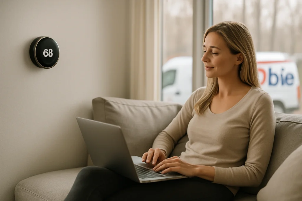 Homeowner adjusting thermostat for winter comfort and efficiency