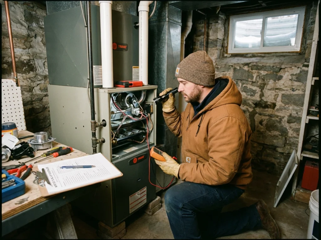 HVAC technician inspecting a residential furnace during a winter maintenance tune-up.