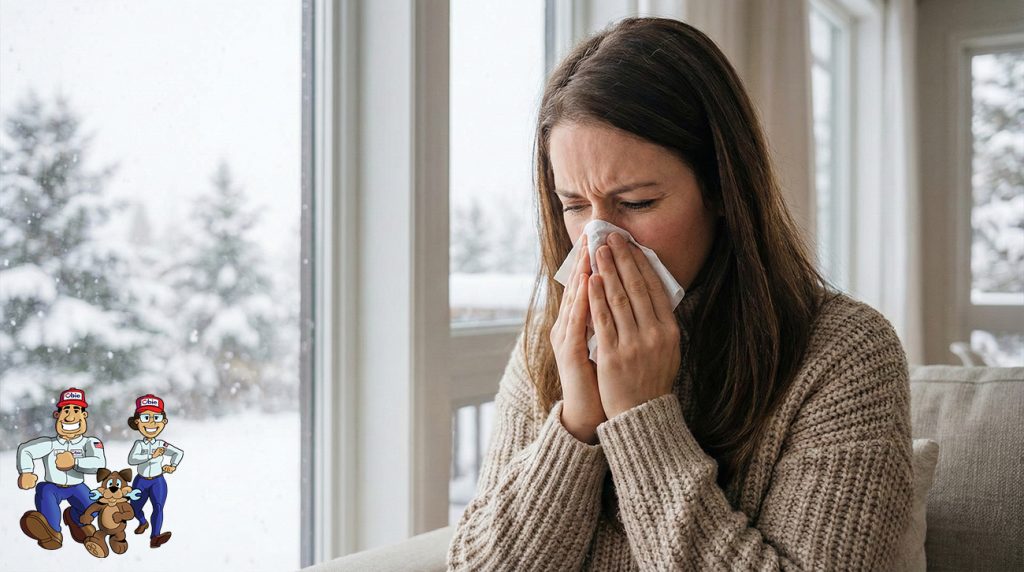 a woman in a sweater blowing her nose into a tissue. Behind her is a window showing snow