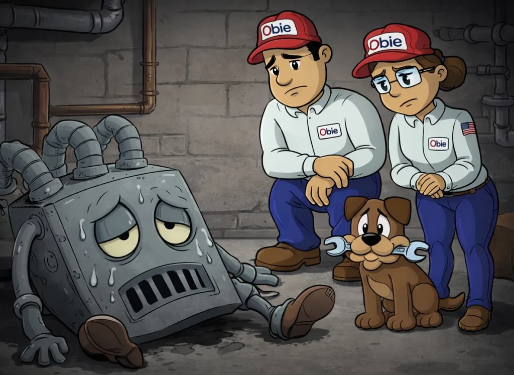 An endomorphic scene of an old furnace laying on the ground in the basement and the Obie cartoon characters looking over it