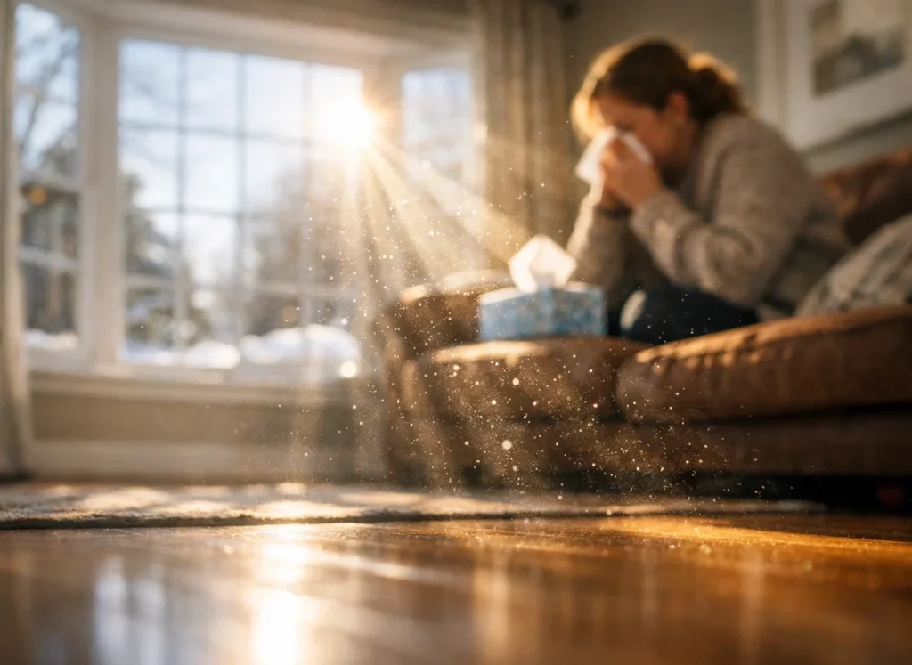 A woman sits on the couch having an allergy attack as you can see the sunlight beaming through the window with dust particles in it.