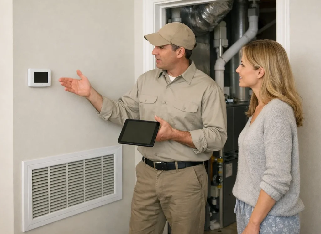 Framingham homeowner reviewing professional HVAC diagnostic with technician