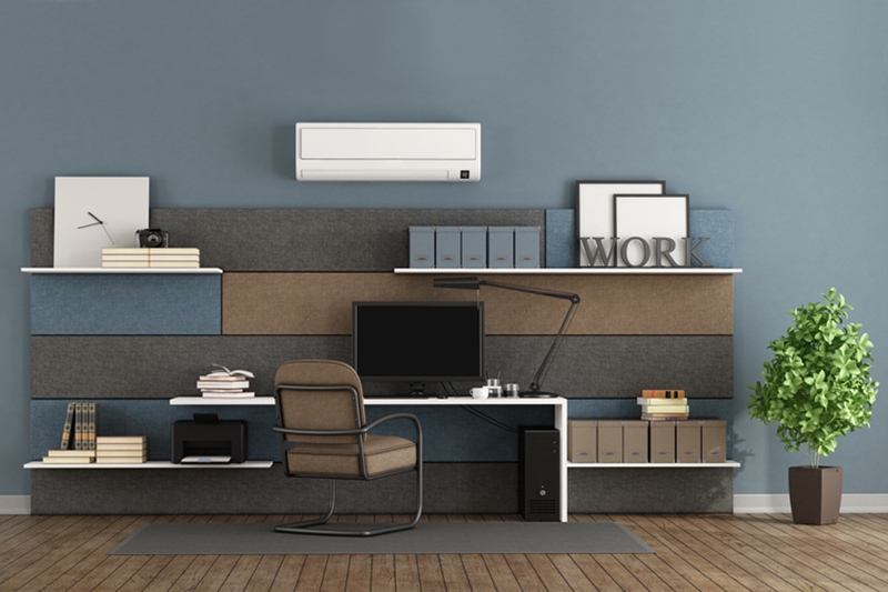 Blue and brown modern office with fabric paneling with shelves and desk - 3d rendering.