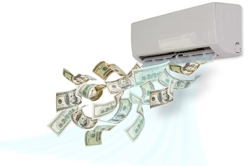 Image of ductless system spewing out money. 5 Ways to Save Money on Your AC and Summer Energy Bill.